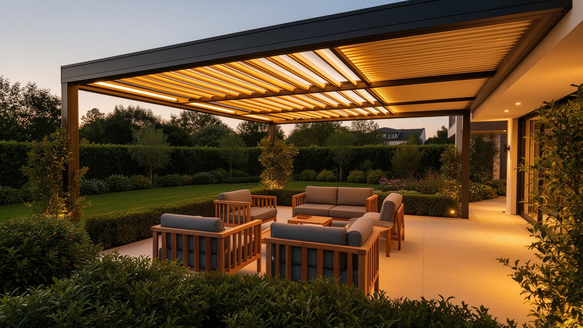 Pergola bioclimatique 3jmat sur une terrasse le soir