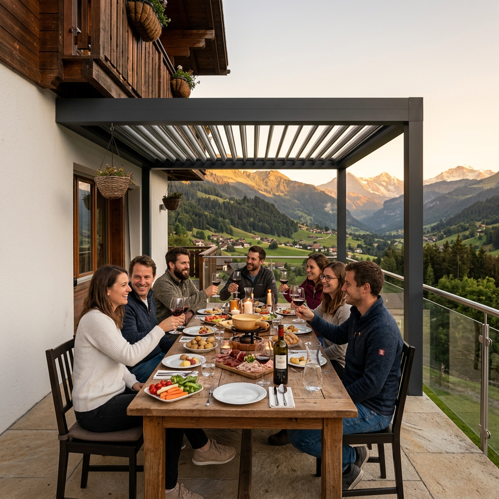 Groupe d'amis partageant un repas convivial sous une pergola bioclimatique illuminée