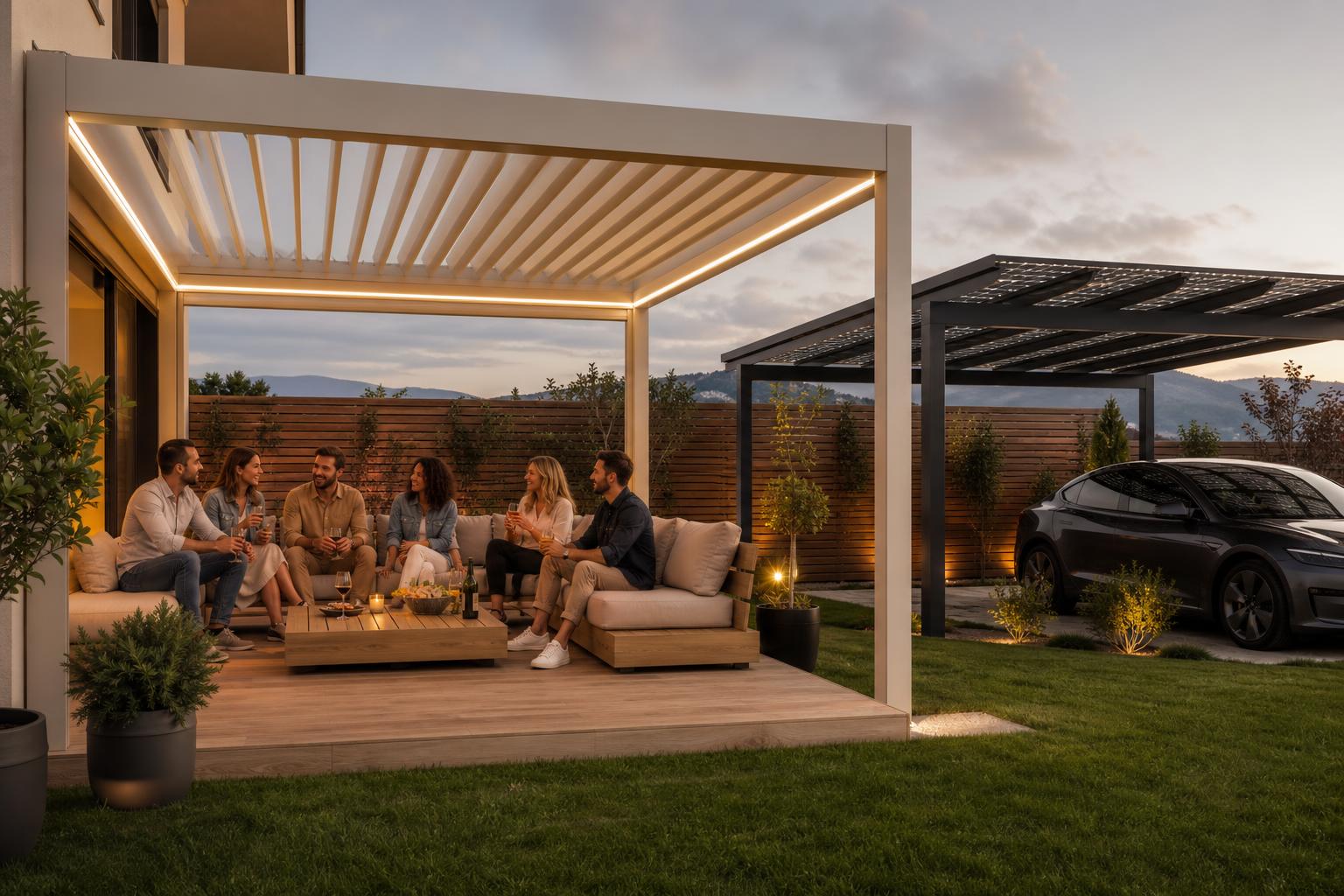 Terrasse aménagée avec pergola, mobilier et éclairage