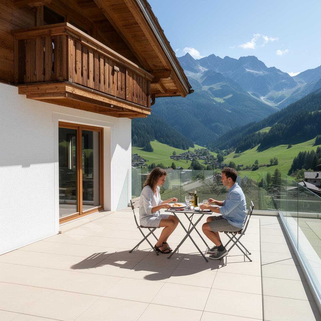 Couple mangeant seuls sur une terrasse sans pergola, exposés au soleil